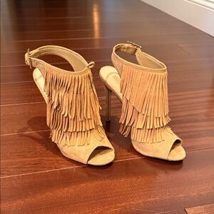 Topshop Tan Fringed Peep-Toe Booties